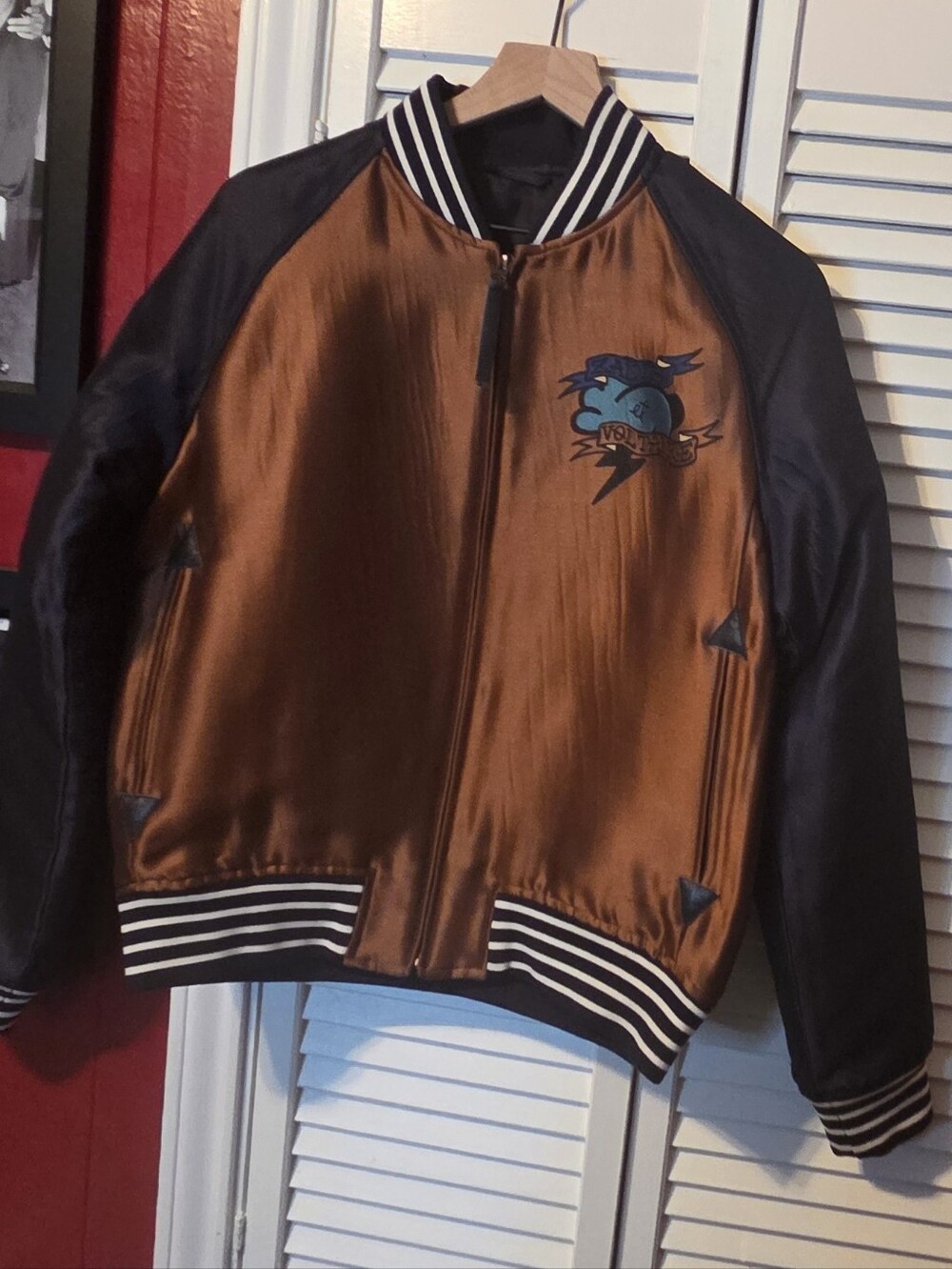 Zadig & Voltaire Satin Bomber Jacket in Brown and Black with Graphic Back -Sz SM - Picture 6 of 13
